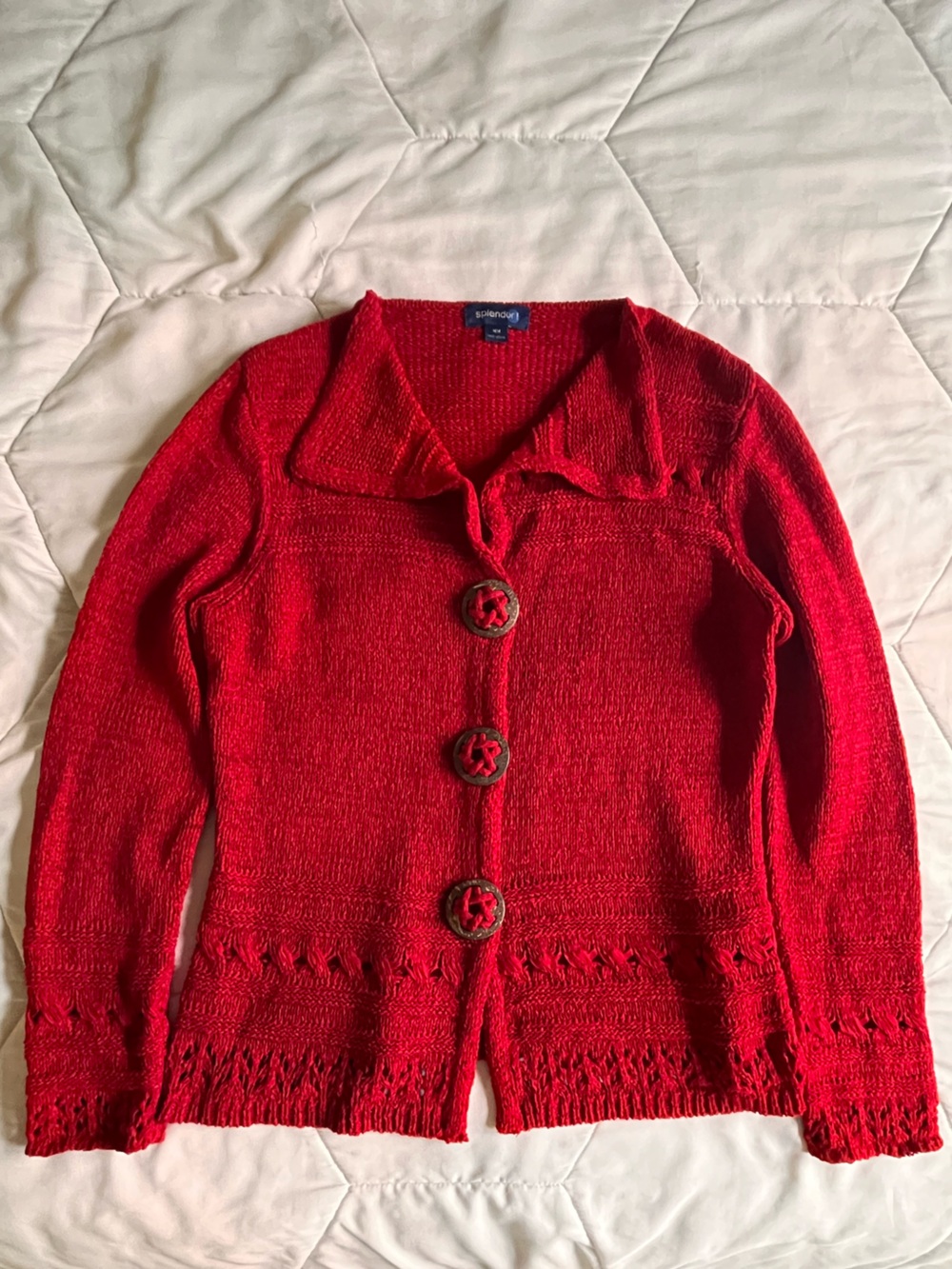 Splendid Red Knit Open-Front Cardigan with Large Button Accents